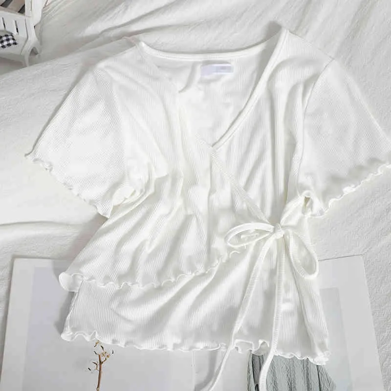 キムトモクロスレースアップTシャツの女の子真菌の不規則な衣料品春夏の韓国のVネック半袖トップスカジュアル210521