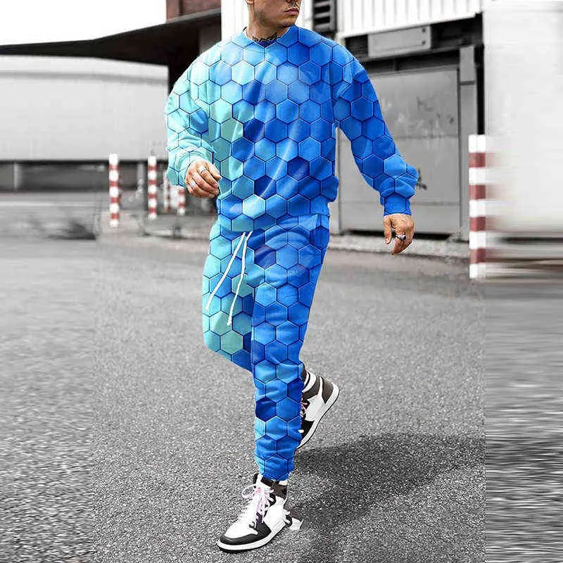 Män Outfit Streetwear Casual Set 2021 Ny Höst Mens Mode Pattern Print Hoodie Långärmad + Långbyxa Passar Jogging G1209
