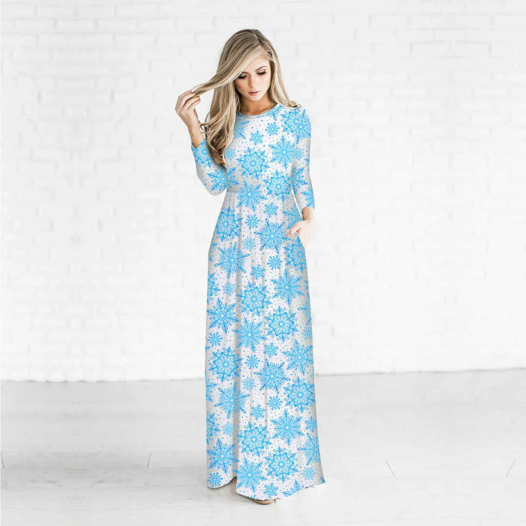 Winter kerst jurken vrouwen boom print elegante hoge taille party maxi jurk casual o hals lange mouw dame xmas robe 210526