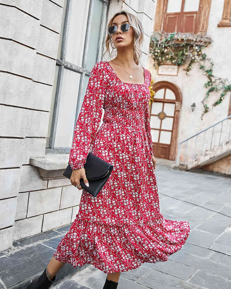 Blumendruck Langarm Herbstkleid für Frauen Kleidung Weiß Boho Casual Midi Elegante Vestidos Frühling 210427