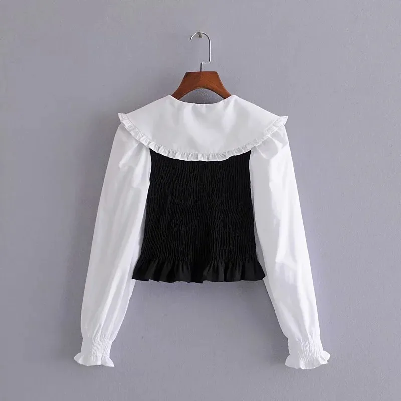 Patchwork Black White Women Shirts Ruffle Cute Long Sleeve Crop Top Female Peter Pan Collar Chic Woman Blouse 210519