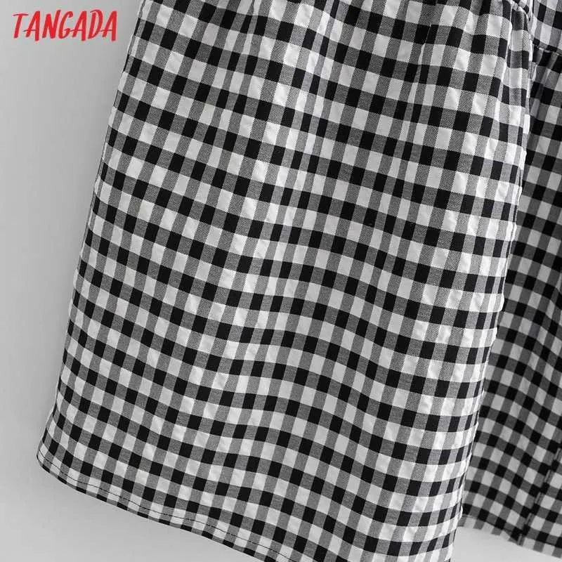 Tangada été femmes Plaid imprimé Style français robe bouffée à manches courtes dames Mini robe Vestidos YI29 210609