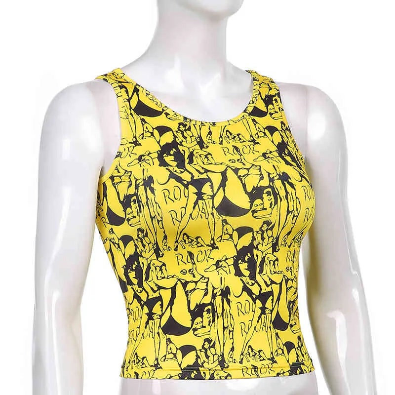 手描きのピンテッドy2kクロップタンクトップ女の子のためのカジュアルな女性夏のノースリーブシャツファッション基本的なティープルオーバーストリートウェア210510