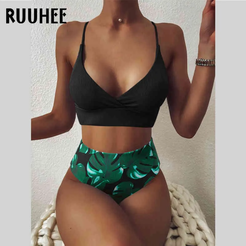 Ruuhee Women Swimsuit Ribbed High midja Solid Black White Push Up Bikini Set badkläderkvinna med vadderad baddräkt 210407
