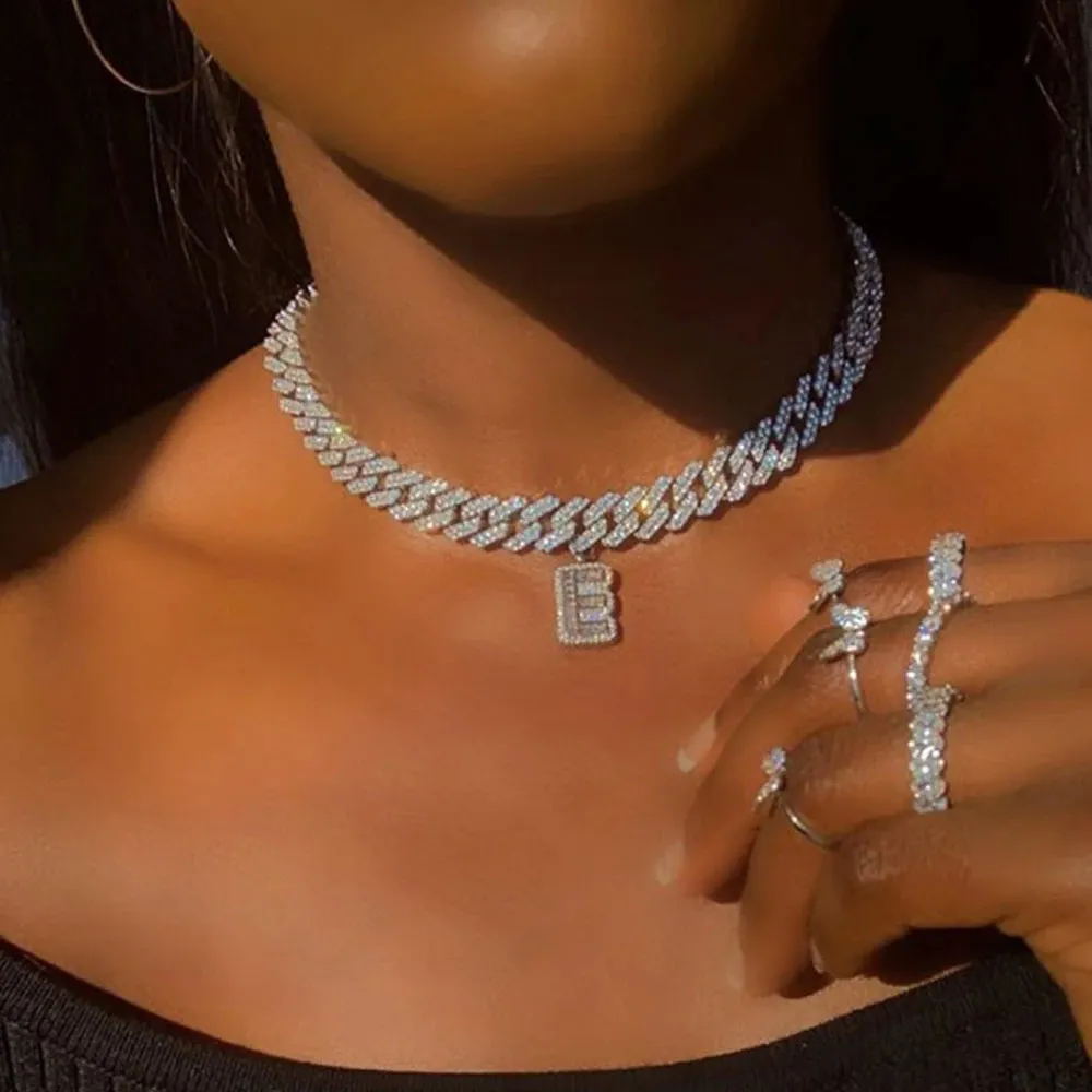 Stonefans 26 lettre Baguette initiale en acier inoxydable pour femmes Miami glacé chaîne à maillons cubains pendentif collier bijoux 2159