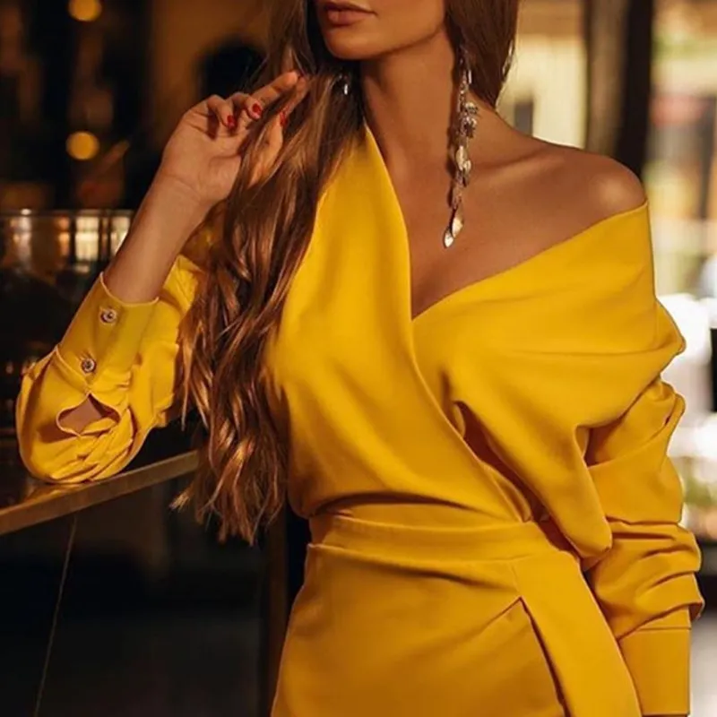 Women Sexy V Neck Yellow Bodycon Dress Hem Split Sexy Party Dress Long Sleeve Vintage Club Outfits Women Eveing Party Dress 210422