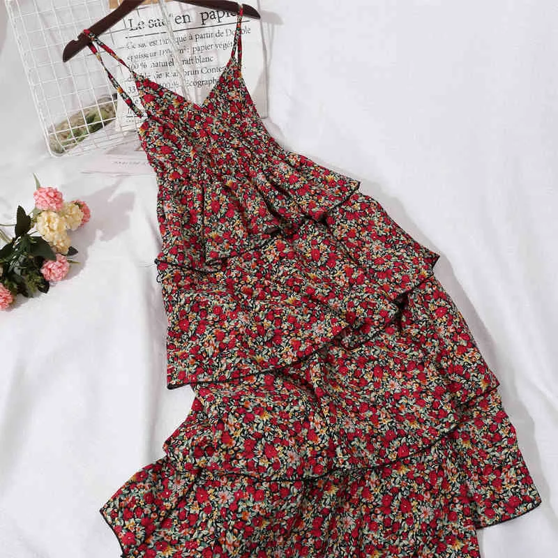 Kadın Spagetti Kayışı Elbise İlkbahar Yaz Fransız Bel idi İnce Kek Siber Ünlü Şifon Çiçek ML838 210506