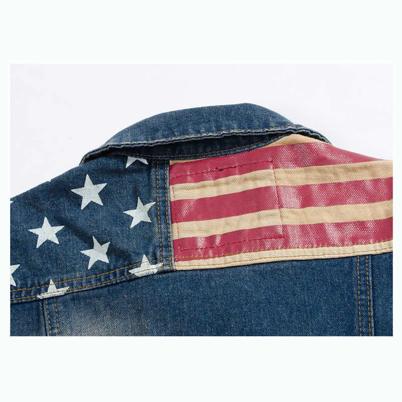 팔리자 남성용 조끼 재킷 Pleated Design Denim America Flag Blue Waistcoat 민소매 청바지 자켓 힙합 Jean 코트 MJ102 210925