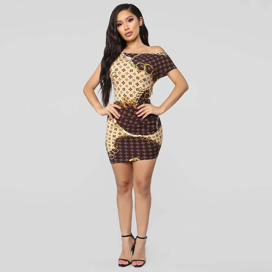 2019 fashion new print dress sexy nightclub short ladies dress chain print casual dress X0705