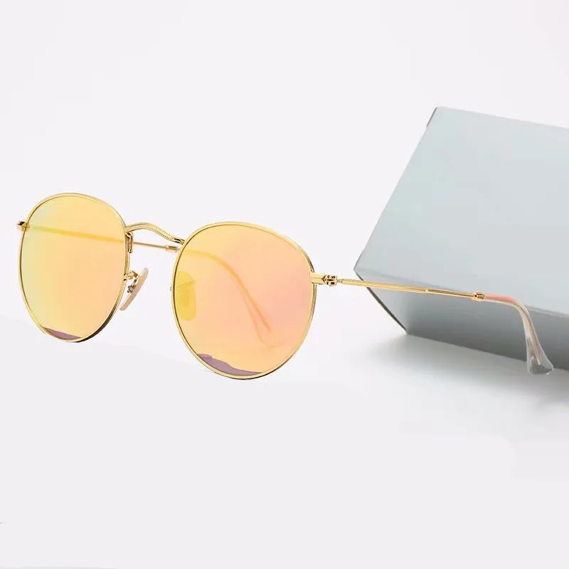 2021 Классический дизайн бренд Круглый солнцезащитные очки UV400 Metal Gold Rade Glasses Мужчины женщины зеркальные стеклянные солнцезащитные очки с коробкой 231G