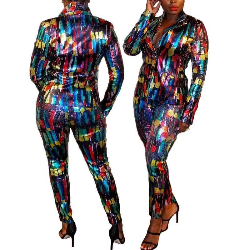 カラフルなスパンコールの輝き 2 枚セットブレザーとパンツセクシーな女性グリッタースリム春のファッション女性アフリカのファム 210416