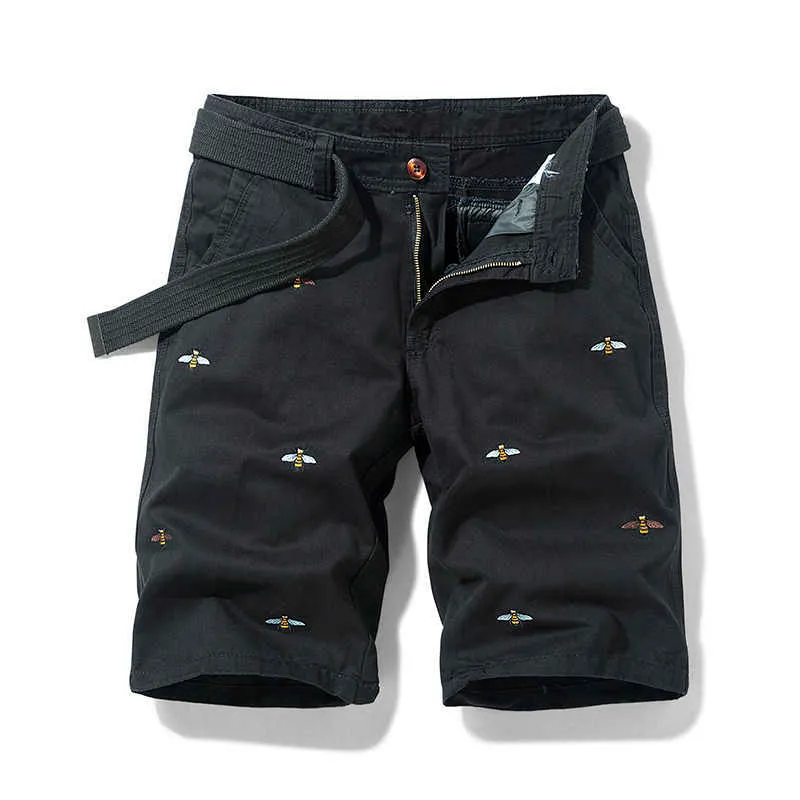 Zomer mannen effen kleur borduurwerk patroon lading shorts katoen strand casual bermuda overalls zak decoratie 210716