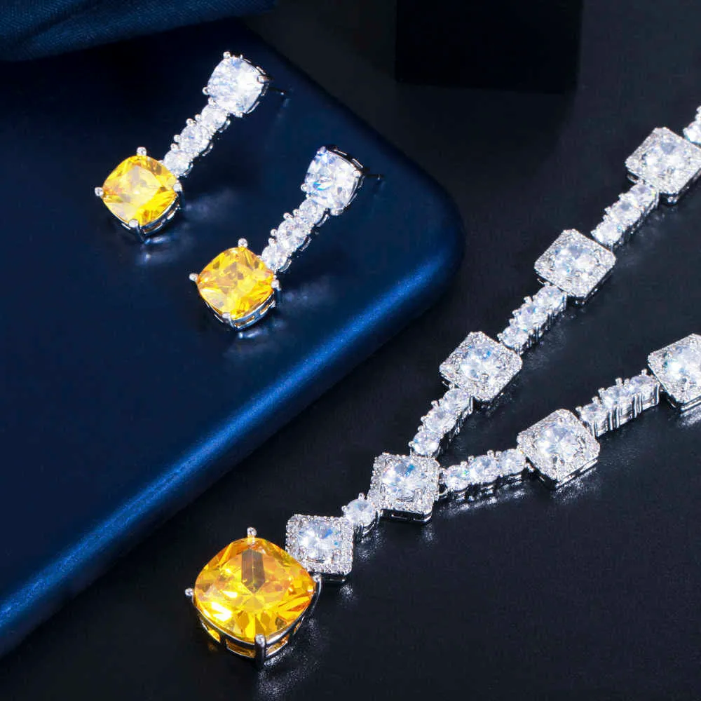 ThreeGraces Elegant Geel CZ Crystal Zilveren Kleur Grote Vierkante Drop Oorbellen Ketting Bruiloft Sieraden Sieraden voor Dames TZ581 H1022