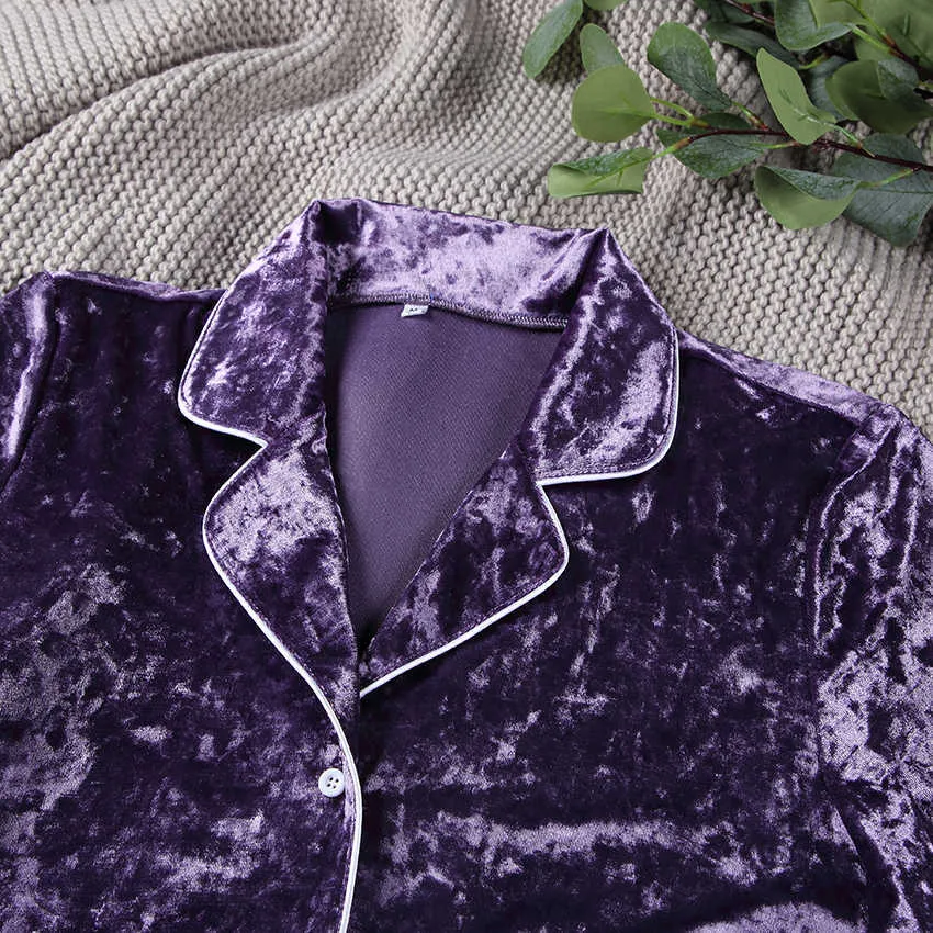 HECHAN Purple Velvet Femmes Pyjamas À Manches Longues Accueil Costume De Nuit Chaud Double Poches Lounge Wear Casual Femme Ensemble Automne 210830