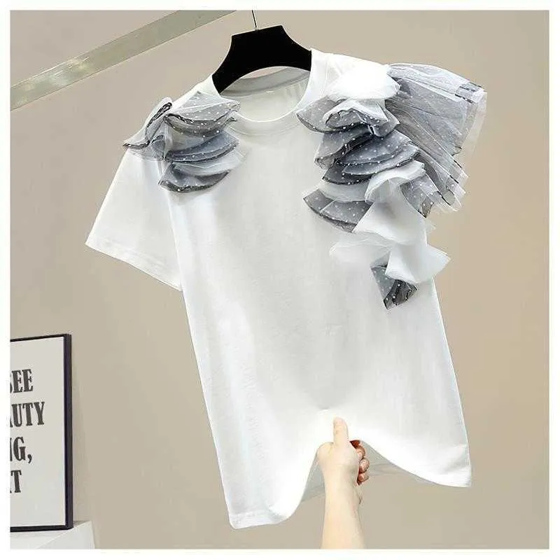 T-shirt a maniche corte con scollo a V in maglia a pois tridimensionali di design alla moda T-shirt da donna All Match 210615