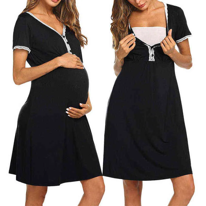 2021 Summer Fashion Pregnant Dress Plus Size Women's Maternity Lace Short Sleeve Solid Dress Breastfeeding Nightshirts Clothes G220309
