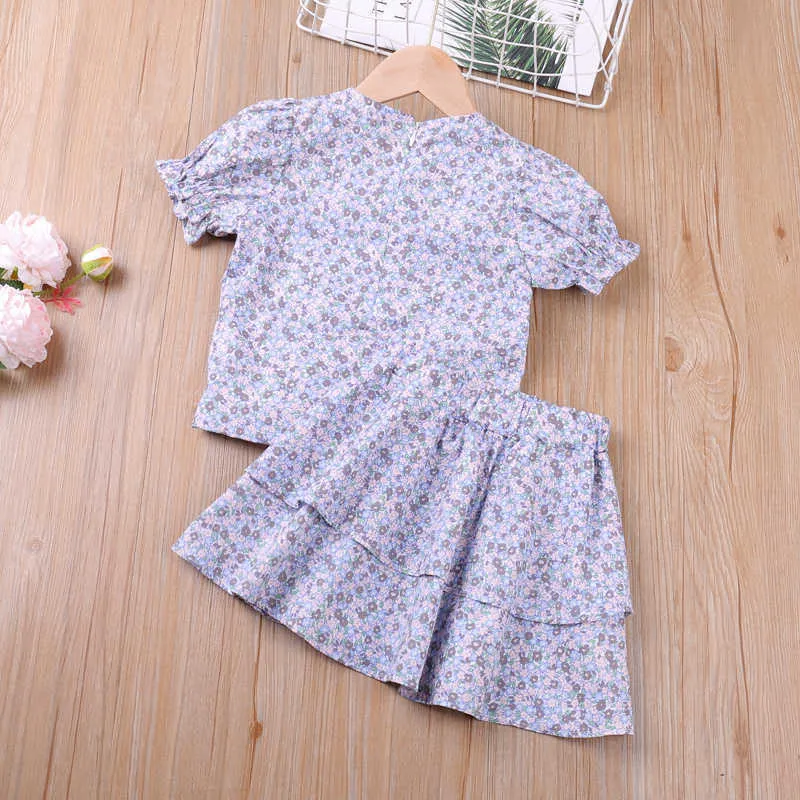 Summer Clothing Sets Floral Frill Decoration Top+Multi-Layer Skirt Children's Girl Kid Clothes 210528
