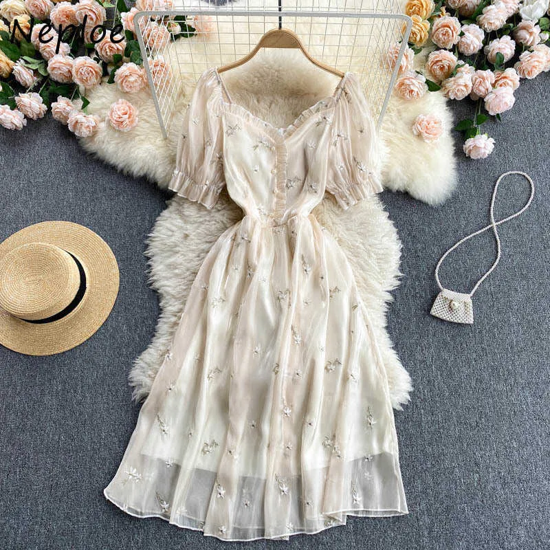 Neploe Heavy Work Flower Embroidery Wooden Ear Long Dress Women High Waist Hip A Line Slim Vestidos Summer Short Sleeve Robe C0607