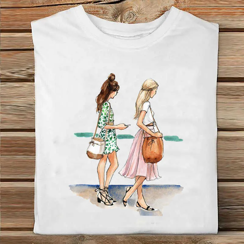 Femmes à manches courtes café temps tendance mignon dessin animé soeur amis vêtements imprimer T-shirt femme T-shirt haut dames graphique T-shirt X0527