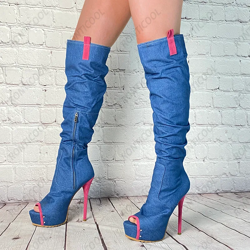 Rontic handgjorda kvinnor vårplattform knä stövlar denim stilett heels peep toe ganska blå casual skor plus US storlek 5-20