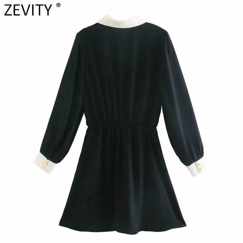 Zevity Femmes Mode Col Blanc Patchwork Noir Mini Robe Bureau Dames Manches Longues Boutons Chic Business Robe DS4732 210603