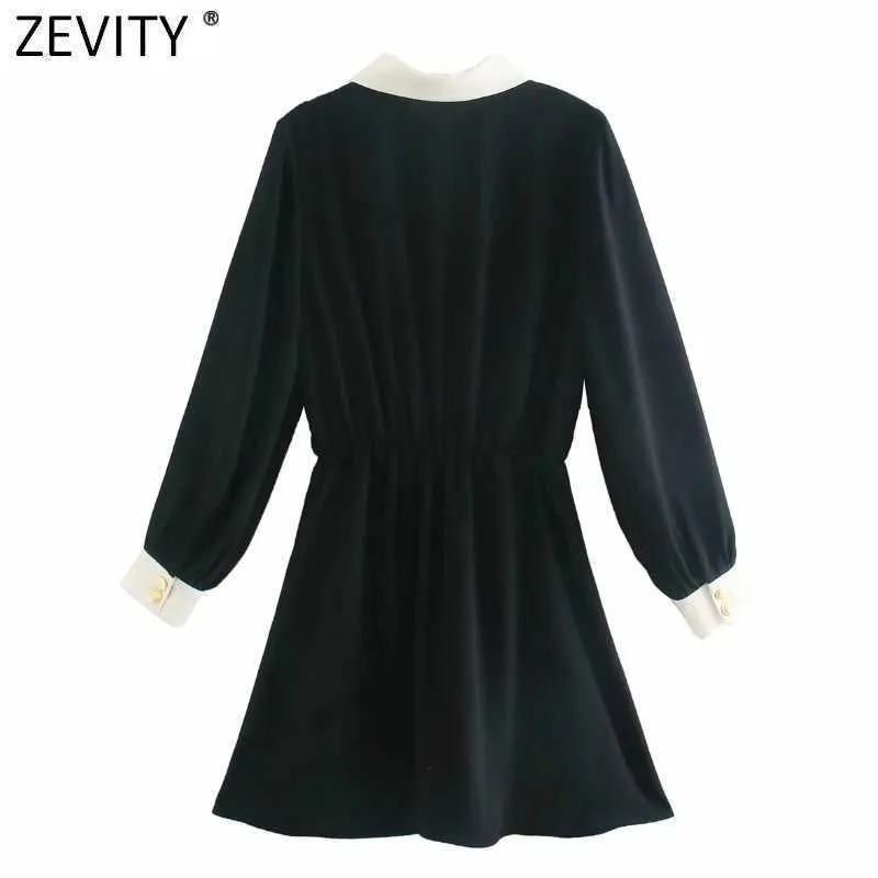 ZEVITY Kadınlar Moda Beyaz Yaka Patchwork Siyah Mini Elbise Ofis Bayanlar Uzun Kollu Düğmeler Chic İş Vestido DS4732 210603