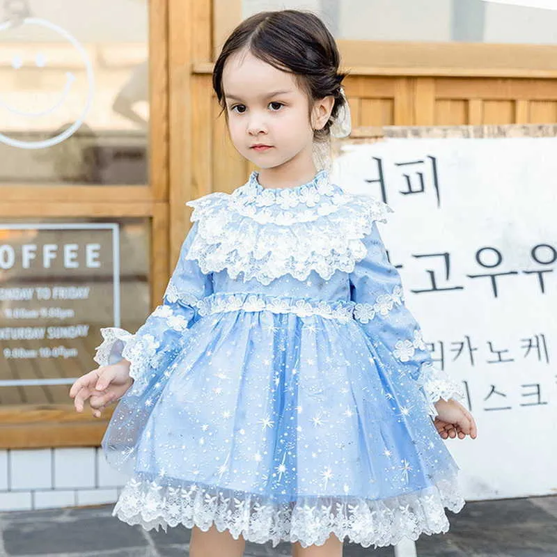 Wiosna Dzieci Dziewczyna Party Dress Koronki Bow Niebieskie Długie Rękawy Mesh Princess Suknie Ślub Wykonuj Odzież Formalne E8010 210610