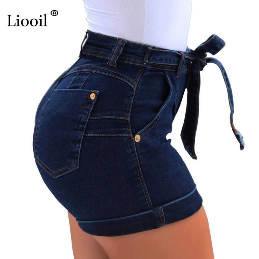 Liooil Dames Jeans Courts Coton Bleu Jean Shorts Taille Haute Femmes D'été À Lacets Poches Sexy Denim Femme 210722