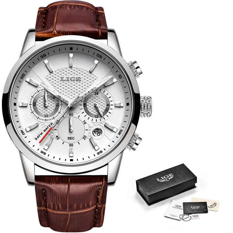Мужские часы LIGE, лучший бренд, кожаный хронограф, водонепроницаемые спортивные автоматические кварцевые часы с датой для мужчин, Relogio Masculino 2104073039