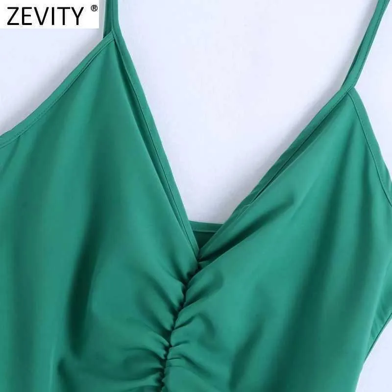 Zevity Women Sexy Pleated Design V Neck Green Color Sling Dress Female Chic Backless Casual Slim Party Beach Vestido DS8274 210603
