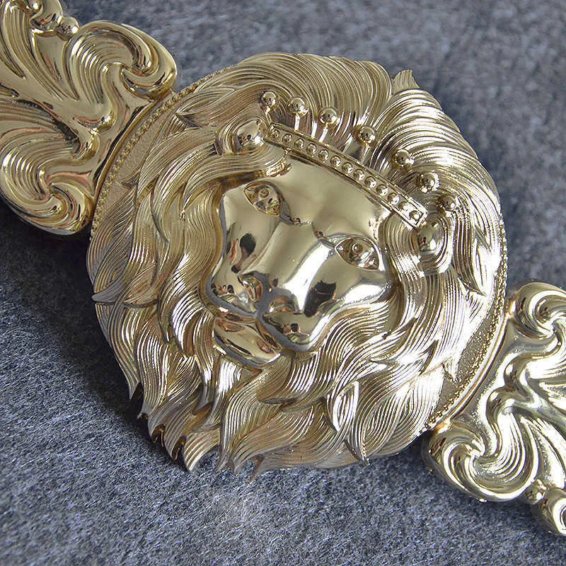 Ceintures femmes 039s tête de lion dorée boucle ronde en métal élastique exagéré ceinture en or noir J05267682248