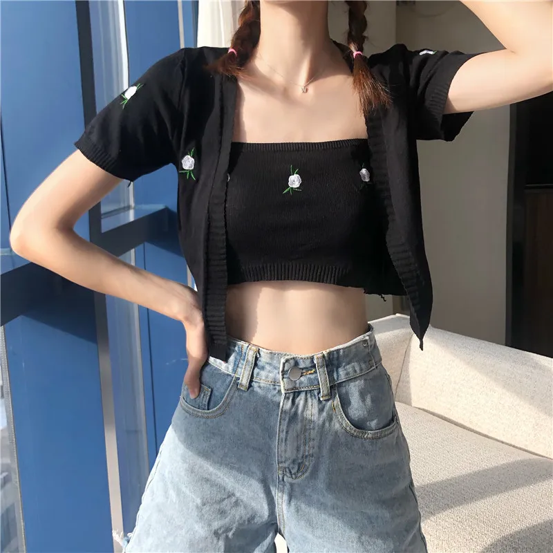 Itoolin Dames Tube Top Korte Mouw Jasje Tweedelige Set Vrouwelijke Borduren Bloemen Crop Top Gebreide Streetwear Outfits 210406