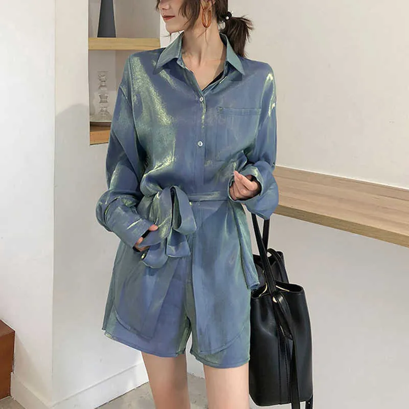 PERHAPS U Women Two Pieces Set Satin Shirt Blue Shorts Sash Polarized Light Colur T0244 210529