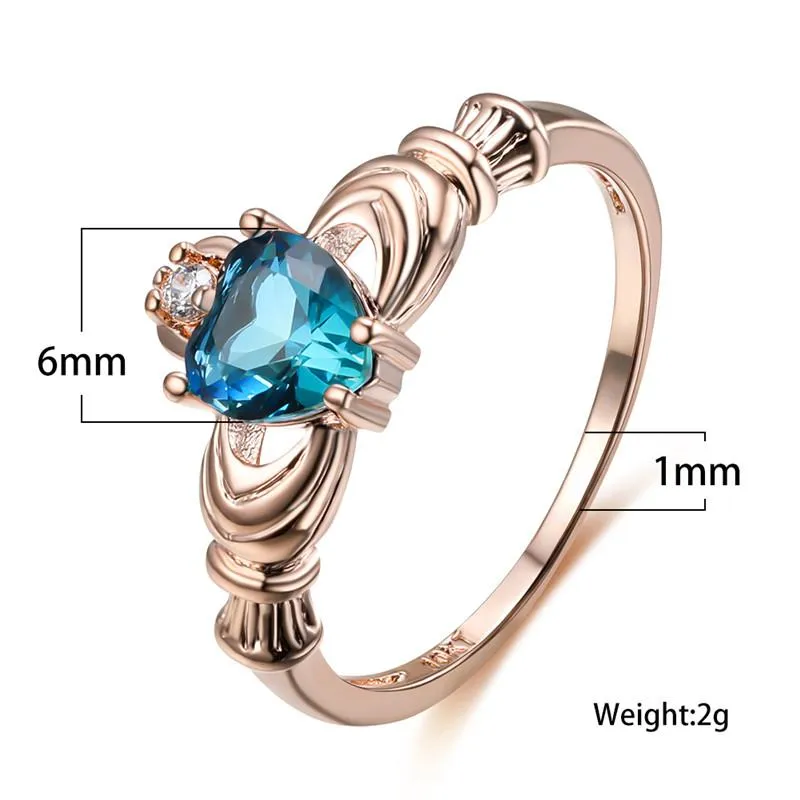 Cluster Rings Blue Green Crystal Zircon Heart Claddagh For Women Wedding Fashion Jewelry Rose Gold Rainbow Stone Engagement Promis292y