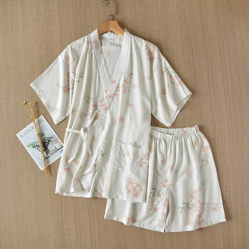 Kimono de estilo japonês Kimono de manga curta shorts verão senhoras pijamas terno de algodão casa de serviço mulheres rosa 210809