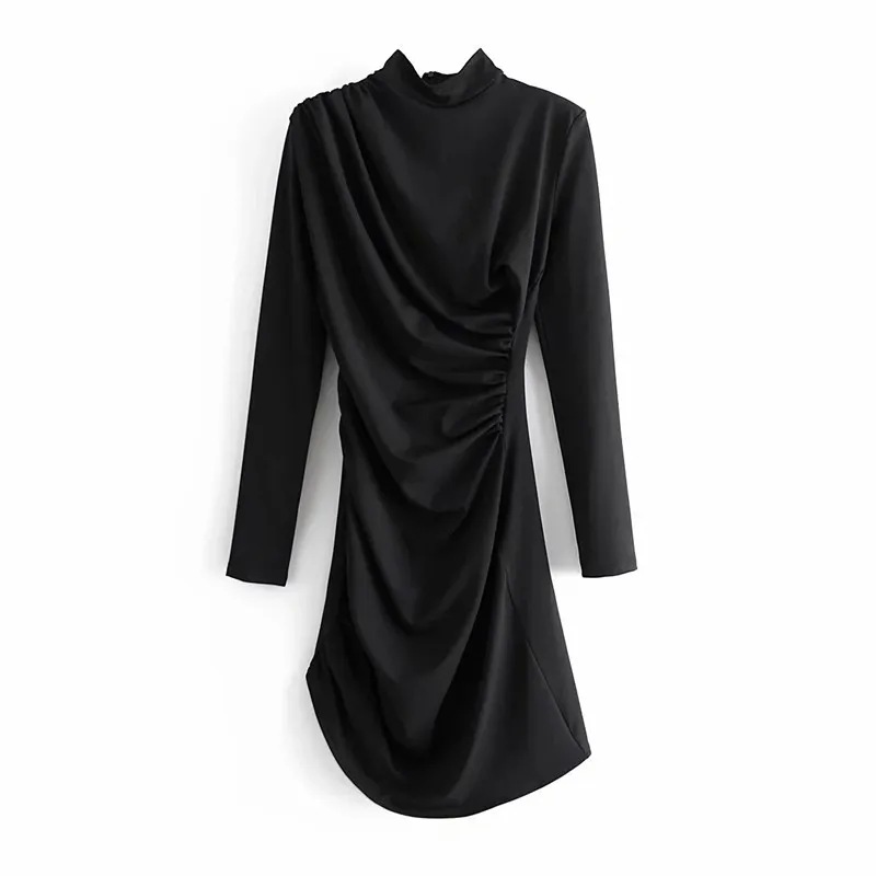 Robe courte drapée noire femmes automne mode col haut manches longues runch sexy es dames fête piste 210519