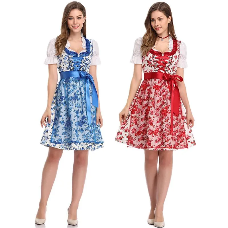 إمرأة كلاسيكي Dirndl الرباط المئزر الأزهار اللباس 3 قطع البدلة لمهرجان البيرة