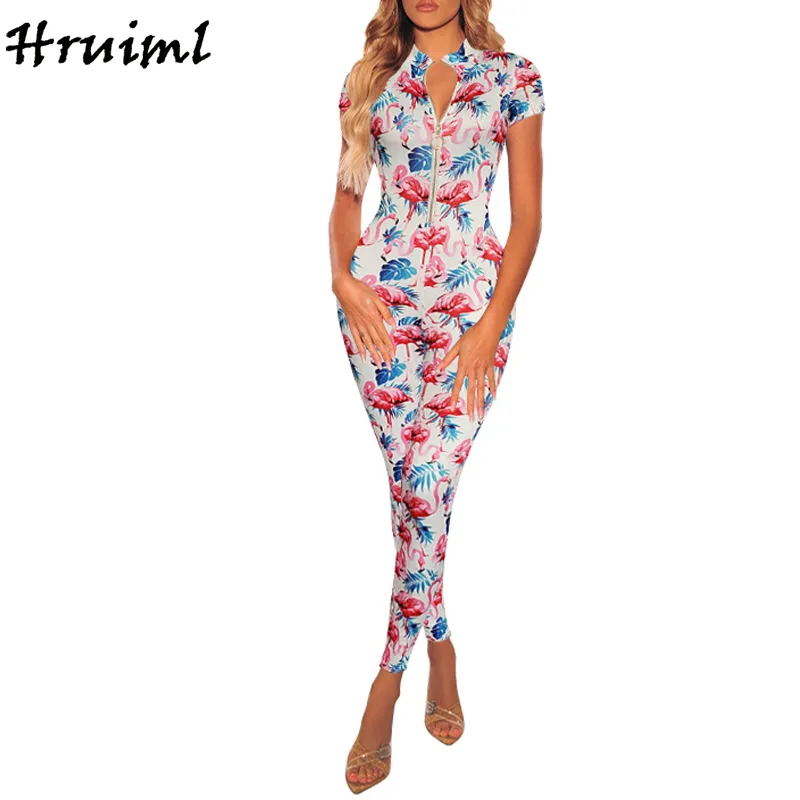 Overall Herbst Kleidung für Frauen Mode Sexy Sommer Print Strampler Kurzarm Zipper Bodysuit Overalls Outfits 210513