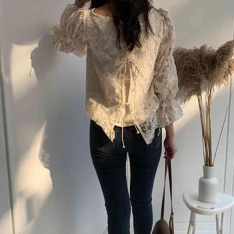 Apricot Women Blouse Back Lace-up Korean Chic O-neck Delicate Embroidered Lace Shirt Temperament Ladies Tops 12361 210417