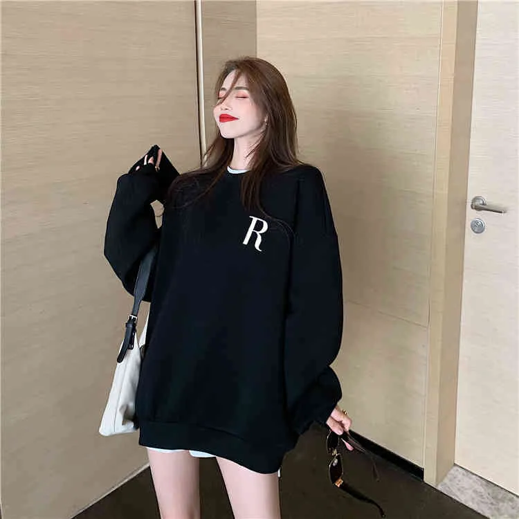 Qooth Trendy Winter Herbst Frauen Lose Langlangen Sweatshirt Brief Tops Vollarm O Neck Casual Student Tops QT344 210518