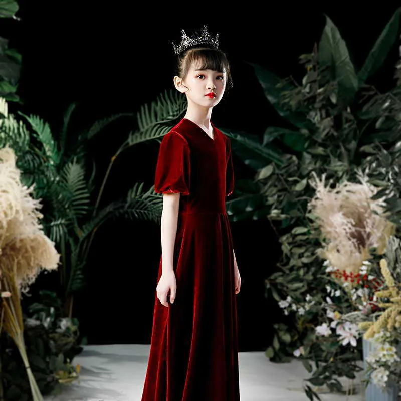 Blomma flicka lång klänning höst vinter vin röd sammet visa prinsessans fest piano prestanda kläder för tb001 210610