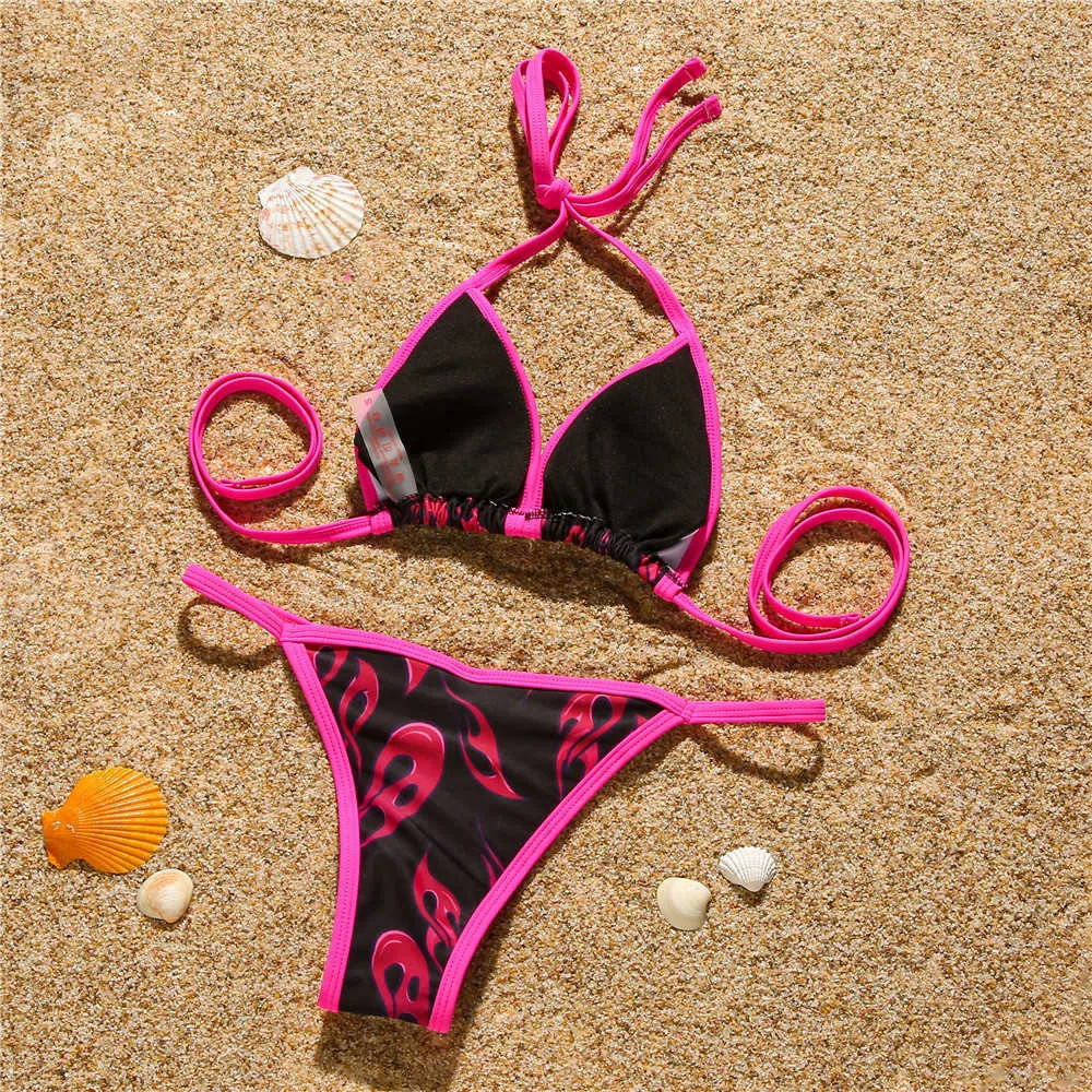 Micro String Femme Print Halter Lace-up Sexig Bikini Thong Monokini Kvinna Brazilian Set Push Up Relleno 210604