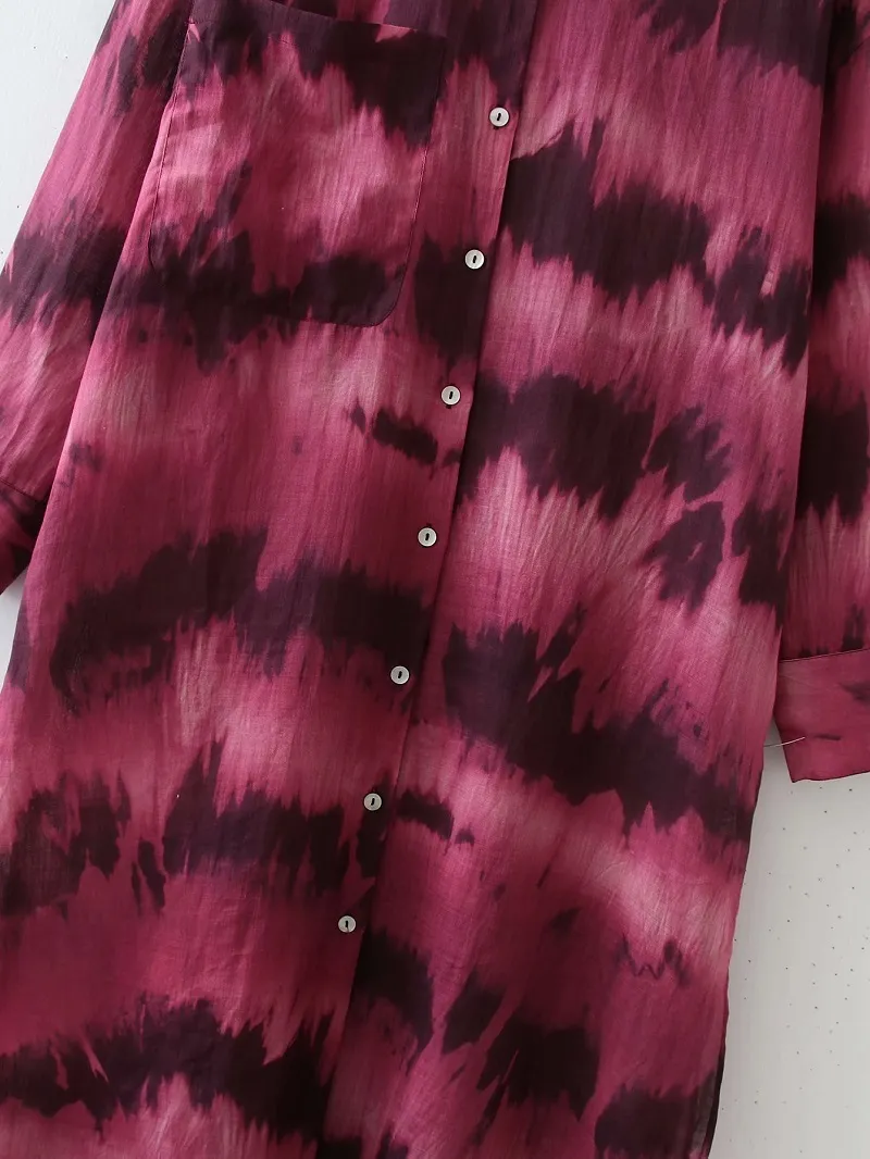 Casual Tie dye Impression Chemises Robe Femme Lâche Droite Midi À Manches Longues Unique Poitrine robe 210421