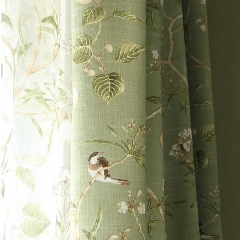 American Country Garden Cotton Linen Green Window Curtain For Living Room Birds Printed Bedroom Window Blackout Drapes WP145-40 21303N