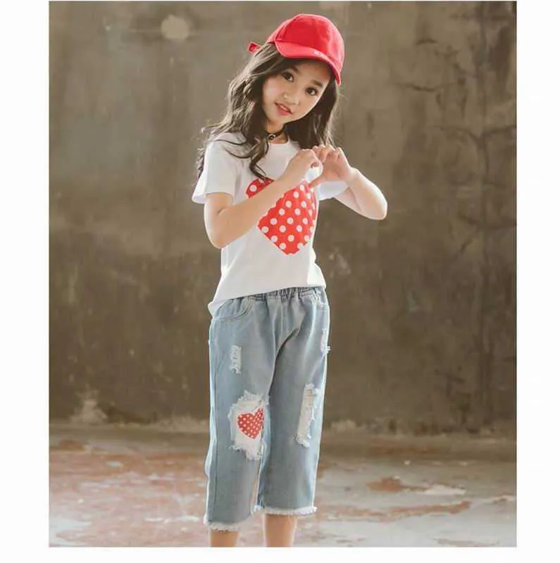 Meisje kleding sets zomer lloving hart t-shirt + denim broek jeans leisure 2 stks set outfit kinderkleding E20532 210610