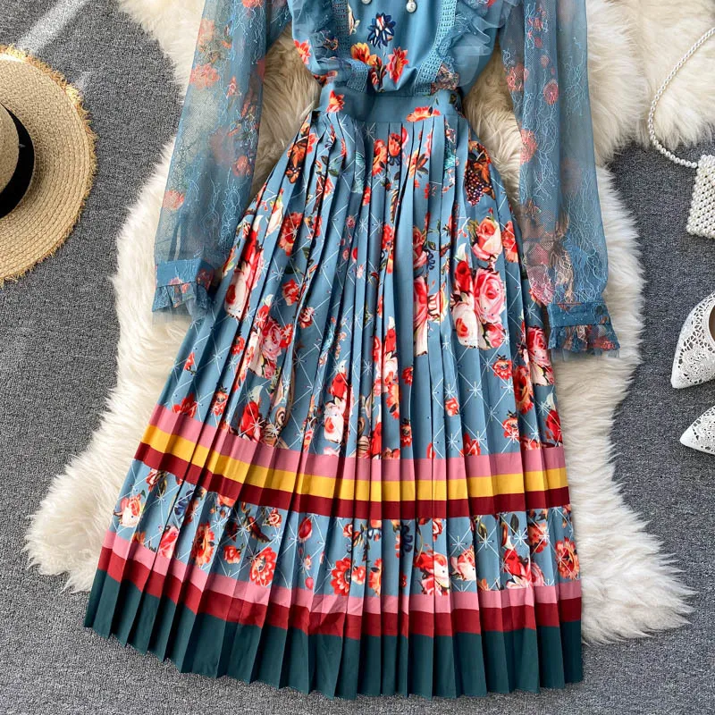 Singreiny Kadınlar Boho Çiçek Pileli Elbise Tasarım Dantel Uzun Kollu Ruffles A-line Elbise Sonbahar Retro Baskı Mahkemesi Rüzgar Midi Elbise 210419