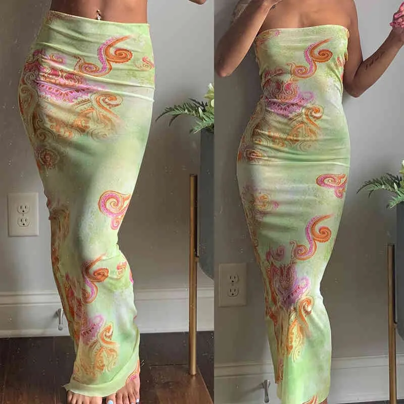 Elegant Printed Bodycon Tube Maxi Dress Women Mesh Sleeveless Strapless Sundress Summer Sheath High Street Boho Slim Skirts 210517