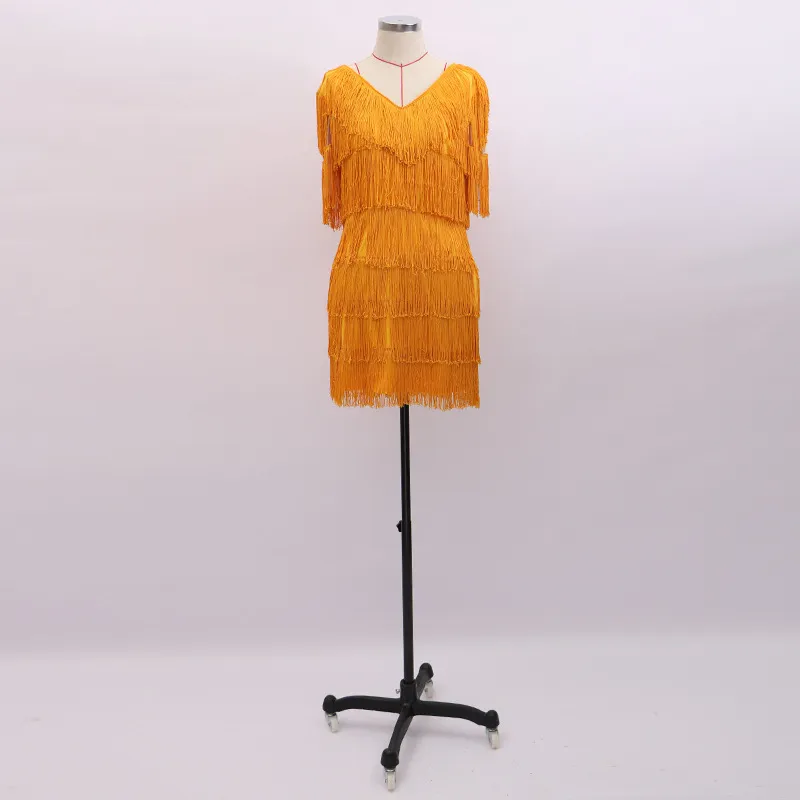 夏のドレス女性ビンテージボディコン新着黄色のセクシータッセルミニプロムイブニングパーティー210422