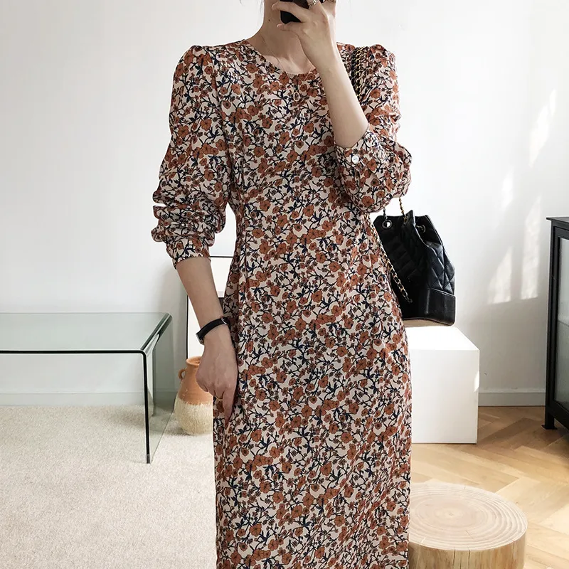 Korobov Koreaanse bloem print vrouwen lange jurk vintage elegante lange mouw o hals chiffon jurken zomer strand stijl vestido 210430