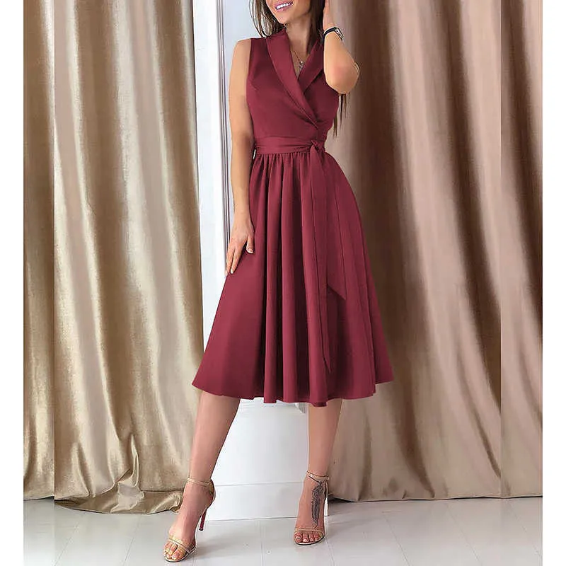 Women's Elegant Tie Dress Deep V-neck Short Sleeve Waist Sleeveless Lapel Slit Large Y1006